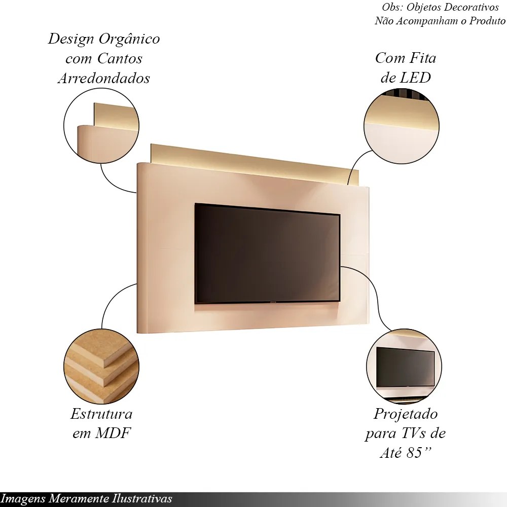 Conjunto Painel c/LED Nobre e Bancada Ária TV até 85 Polegadas Off White/Champagne G26 - HB Móveis