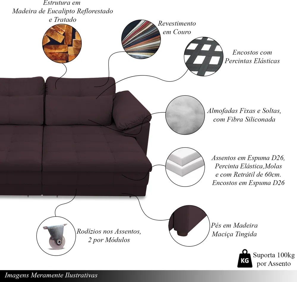 Sofá Retrátil Manual Sala de Estar Nolan Bipartido 297cm Conforto Premium em Couro Borgonha G58 - Gran Belo