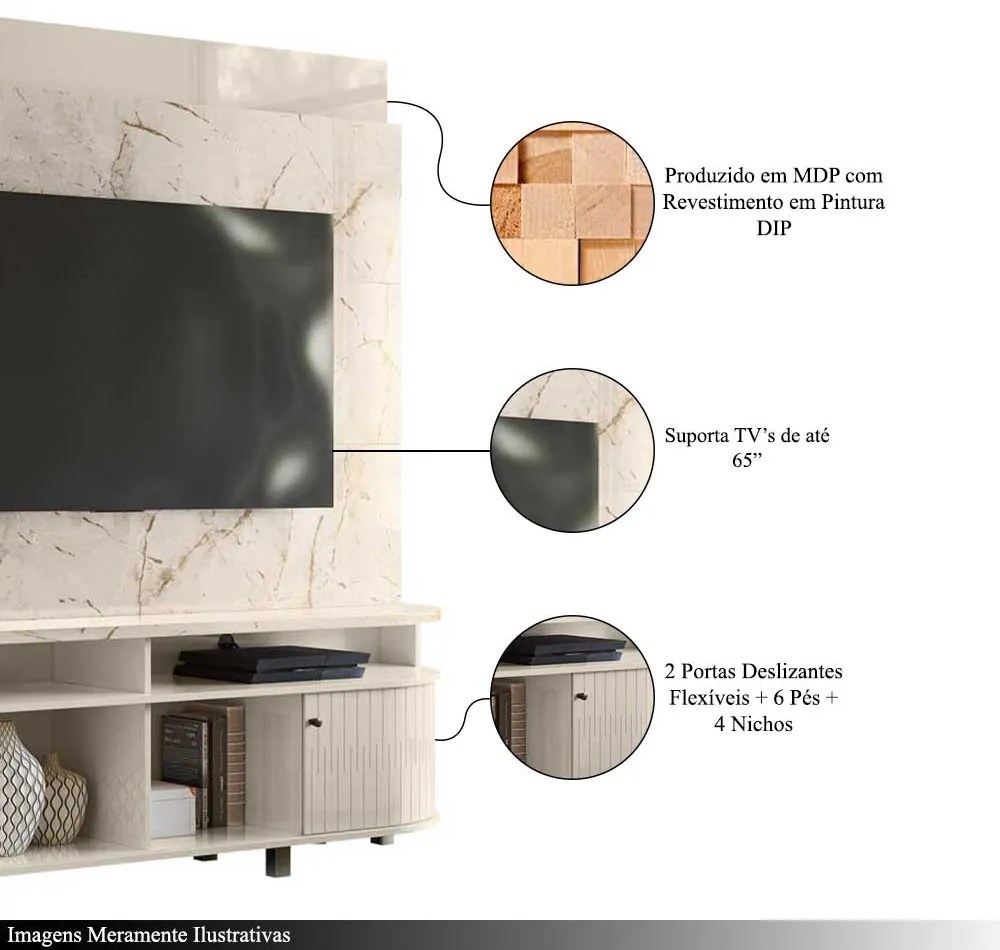 Home Theater Hanso 2 Portas Deslizantes 4 Nichos MDP até 65 Calacata/OffWhite G97 - Gran Belo