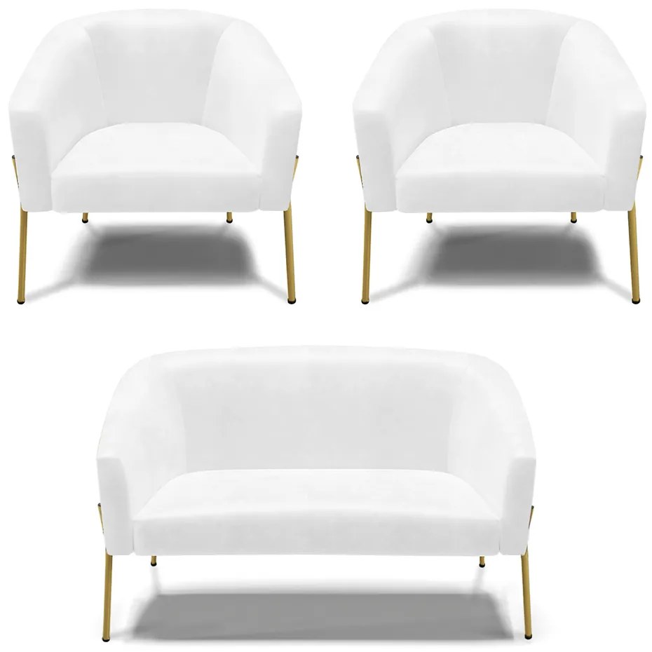 Namoradeira e 2 Poltronas Pé de Ferro Dourado Stella Sintético PU D03 - D'Rossi - Branco