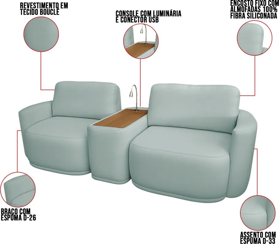 Sofá Sala Modulado 211cm com Console USB Luminária Brumma Bouclê K01 - D'Rossi - Azul