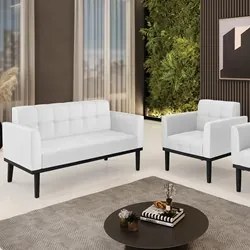 Sofá Namoradeira e 1 Poltrona Base Madeira Preto Ana Sintético Branco