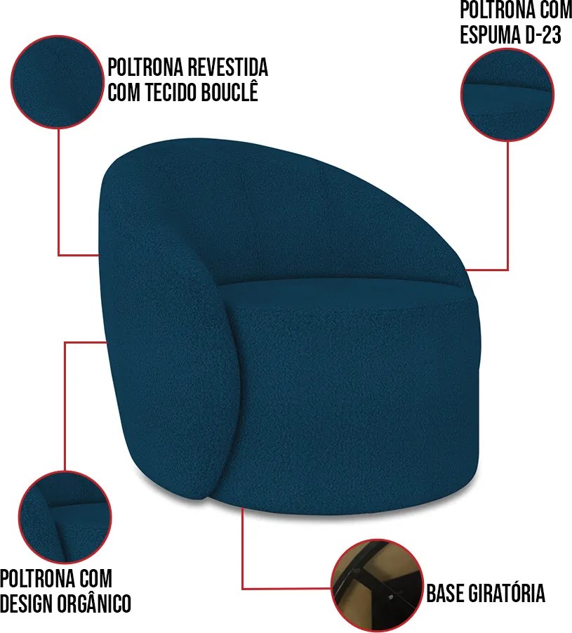 Poltrona Decorativa Orgânica Giratória Lua Bouclê D03 - D'Rossi - Azul