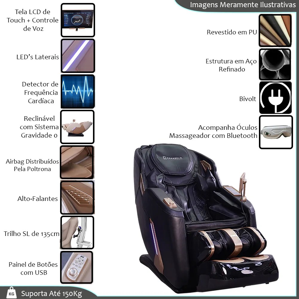 Poltrona Elétrica 3D Massagem Aquecimento Stark Reclinação Gravidade Zero Bivolt Tela LCD Touch com Óculos Massageador de Brinde PU Preto G94 - Gran B