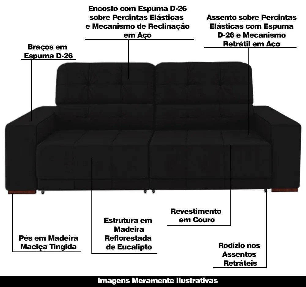 Sofá Sala de Estar Retrátil e Reclinável 3 Lugares Lisboa 230cm Couro Preto G58 - Gran Belo