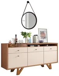 Balcão Buffet Ellora 2 Portas Com Espelho Redondo H01 Nature/Off White