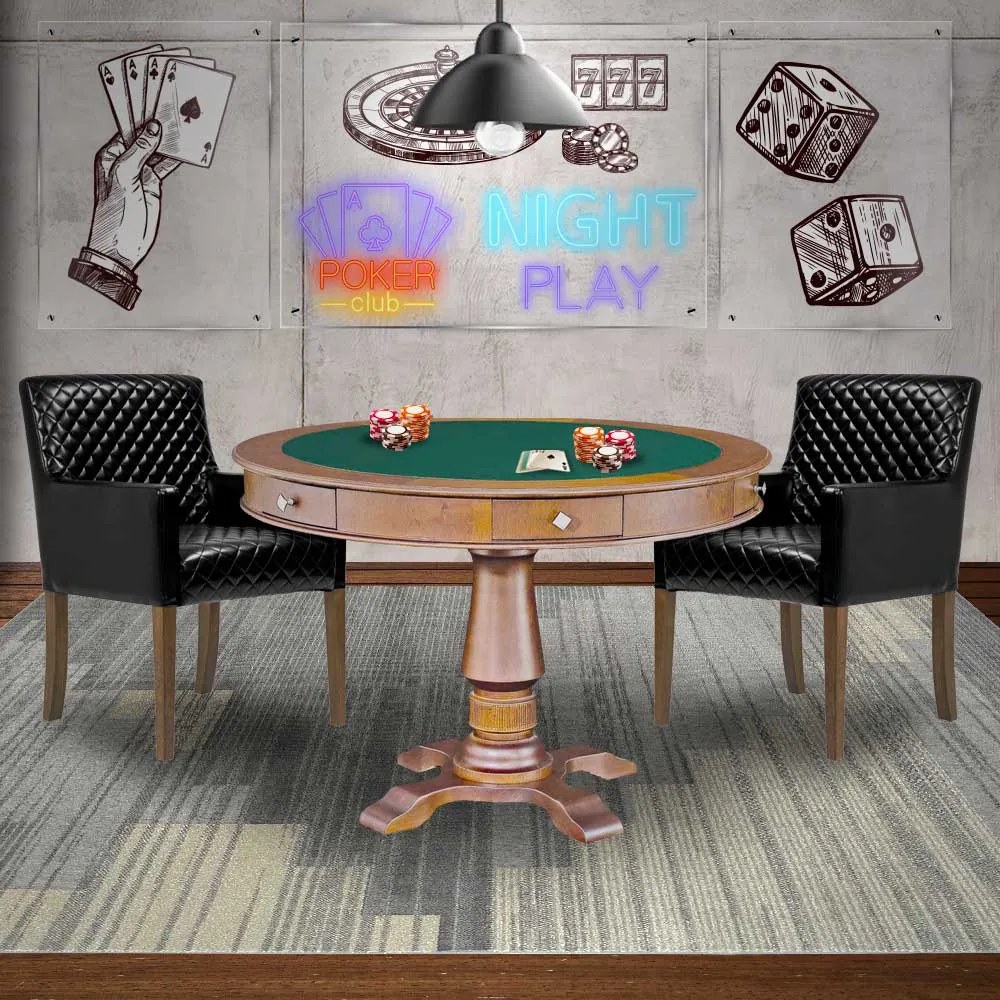 Mesa de Jogos Carteado Victoria Redonda Tampo Reversível Amêndoa com Kit 2 Cadeiras Liverpool PU Sintético Preto Matelassê G36 G15 - Gran Belo