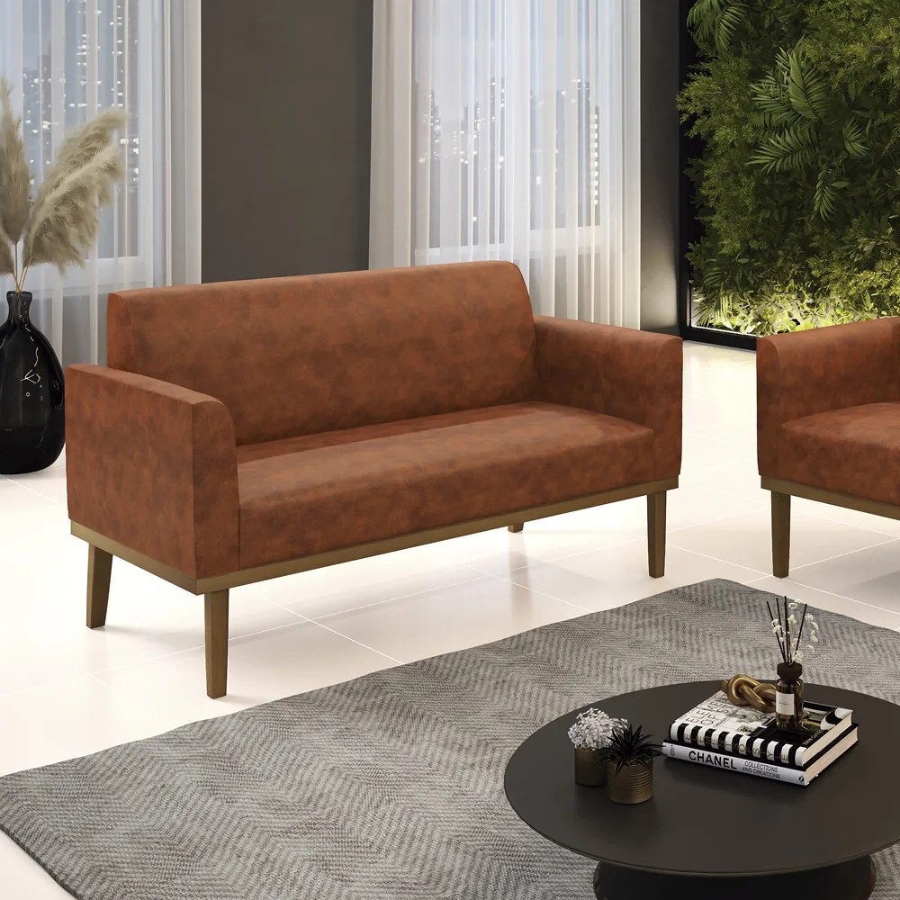 Poltrona Namoradeira Decorativa Isabella Pés Fixo em Madeira Castanho PU Nozes G19 - Gran Belo