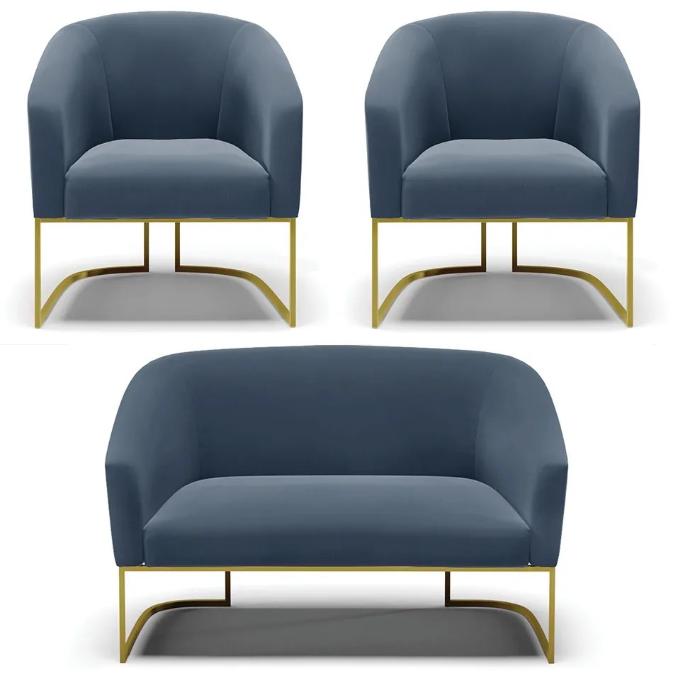 Namoradeira e 2 Poltronas Base Industrial Dourado Stella Suede D03 - D'Rossi - Azul Marinho