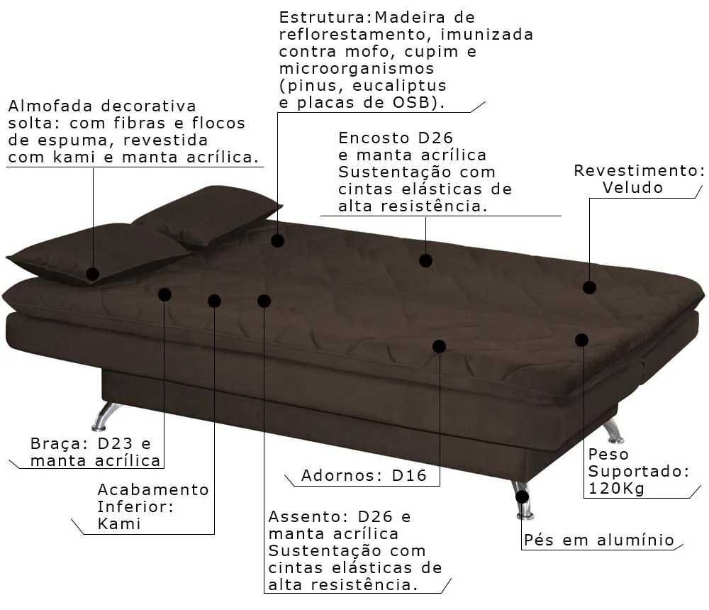 Sofá Cama Sala de Estar 193cm Belinda com Pés Alumínio Veludo Marrom G45 - Gran Belo