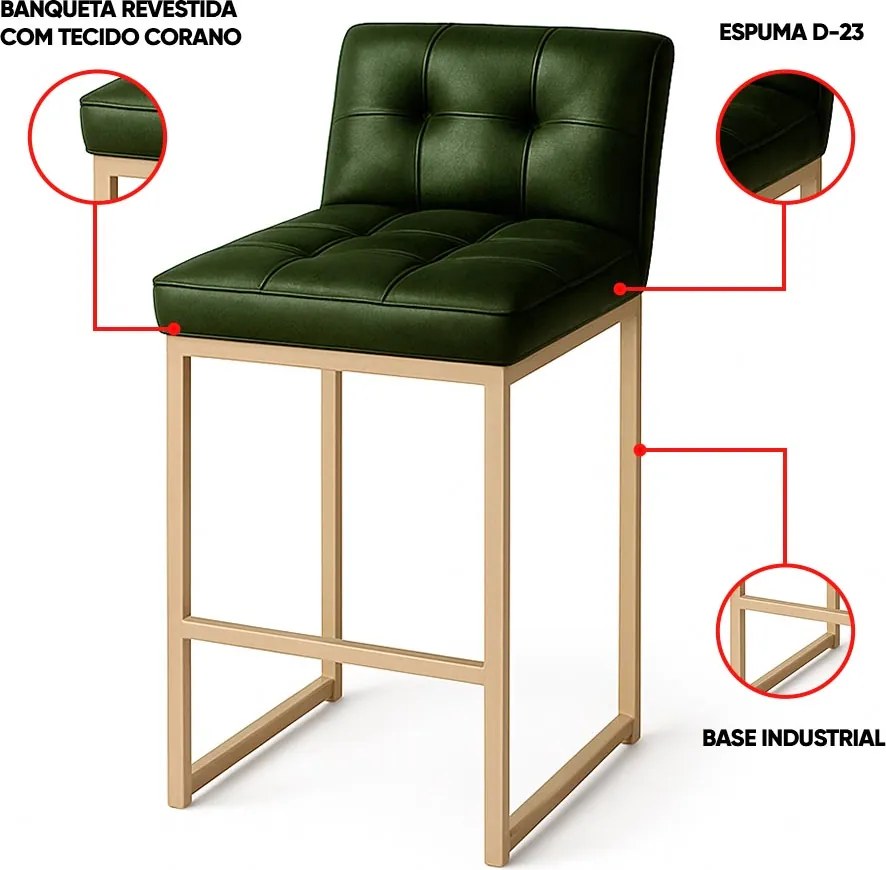 Banqueta Cozinha Alta com Encosto Industrial Kit 3 Champanhe Lirina PU C05 - D'Rossi - Verde