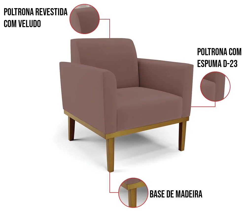 Kit 2 Poltronas Base de Madeira Fixa Castanho Marisa Veludo  D03 - D'Rossi - Rose