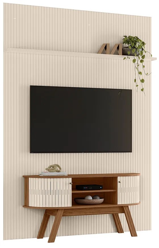 Painel TV 65 Pol 179cm Ripado Valen e Rack Bancada Rylan Naturale/Off White M20 - D'Rossi