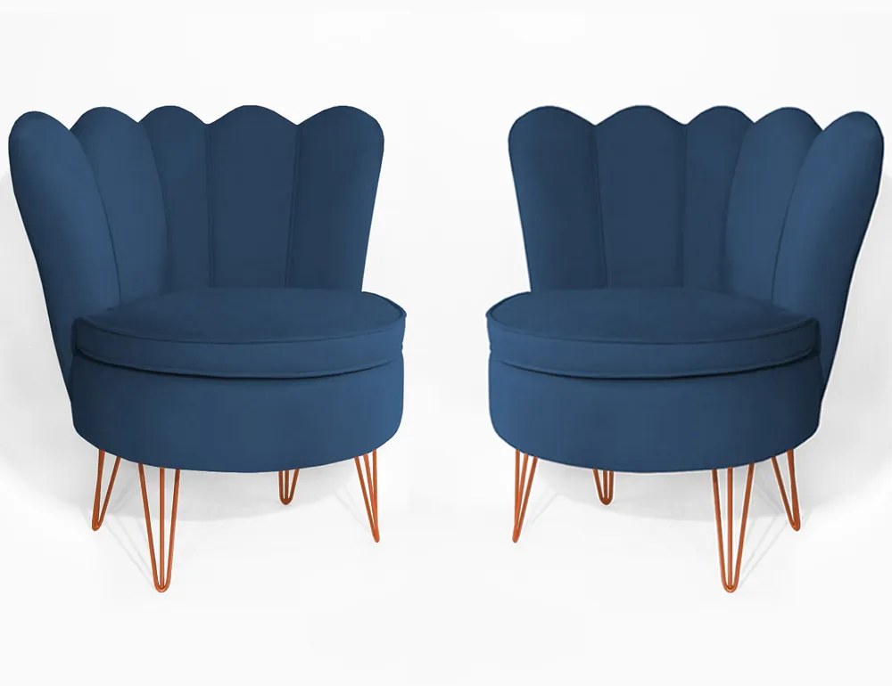 Conjunto 2 Poltrona Dália Pés Hairpin Legs Bronze Veludo Azul Marinho