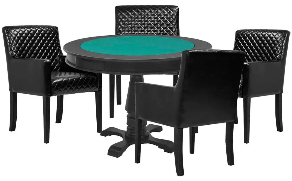 Mesa de Jogos Carteado Victoria Redonda Tampo Reversível Preto com 4 Cadeiras Liverpool Corino Preto Matelassê G36 G15 - Gran Belo