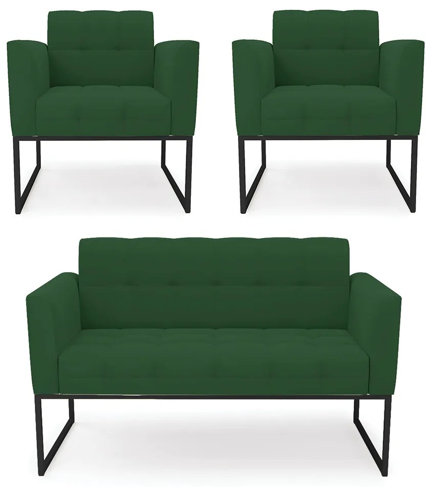 Kit 1 Sofá Namoradeira e 2 Poltronas Elisa Veludo Base Metálica Industrial Preto - D'Rossi - Verde