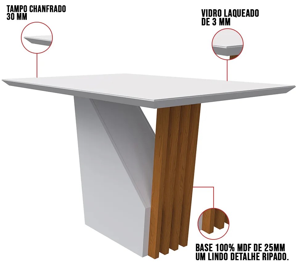 Mesa de Jantar Tampo com Vidro Lita 120 cm Off White Base Ypê - D'Rossi