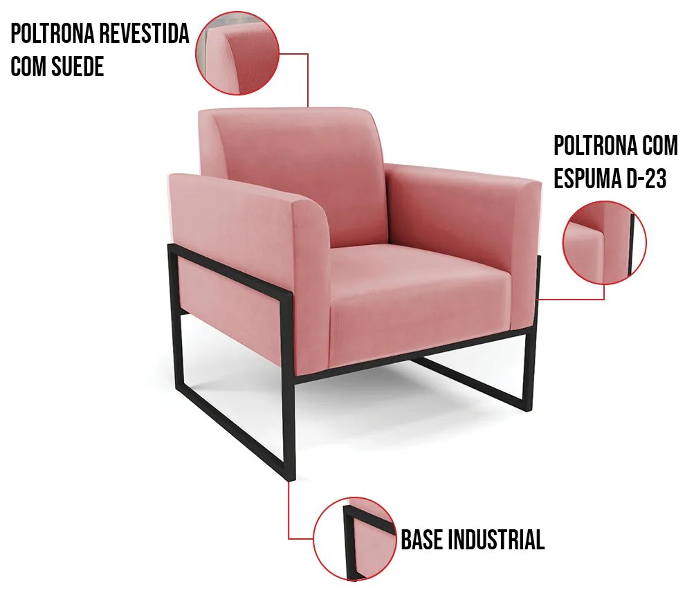 Kit 2 Poltronas Base Industrial Alta Preto Marisa Suede - Rose