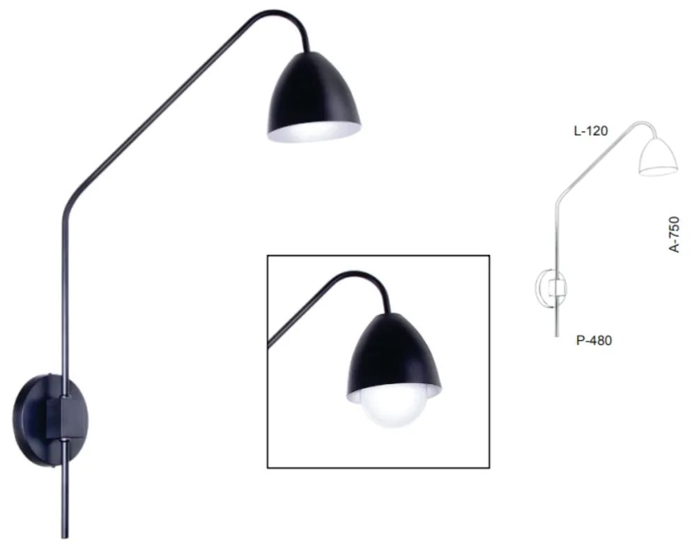 Arandela Haste Articulada Cúpula Aluminio 12X48X75Cm Metal 01Xe27 / Co... (PRETO)