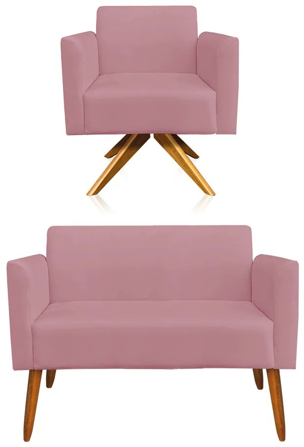 KIT 01 NAMORADEIRA E 01 POLTRONA MARISA SUEDE BASE GIRATORIA MADEIRA MA30 DROSSI - Rose