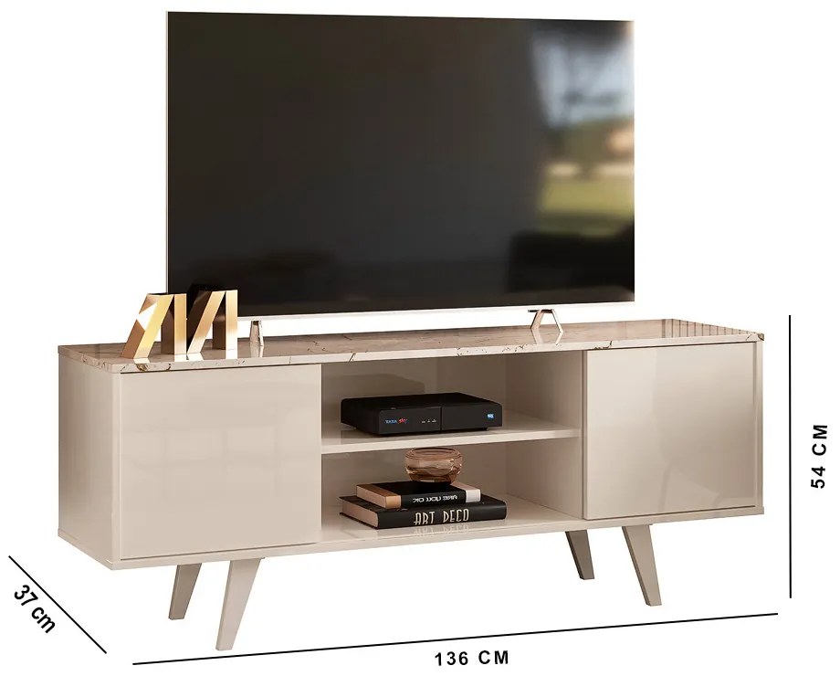 Rack TV 50 Pol 136cm Bancada para Sala Korelli M20 - D'Rossi - Calacata e Off White
