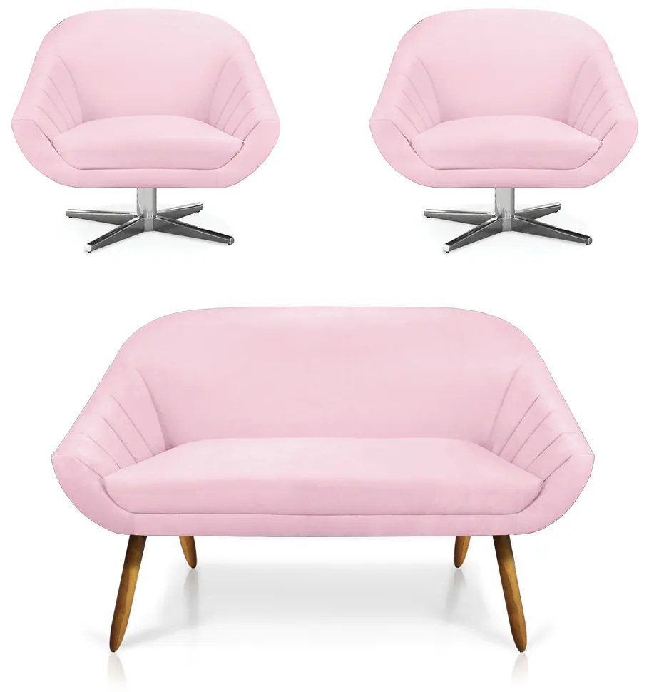 Kit 01 Namoradeira 02 Lugares e 02 Poltronas Giratória Giovana Suede Base Cromada - D'Rossi - Rosa Bebê