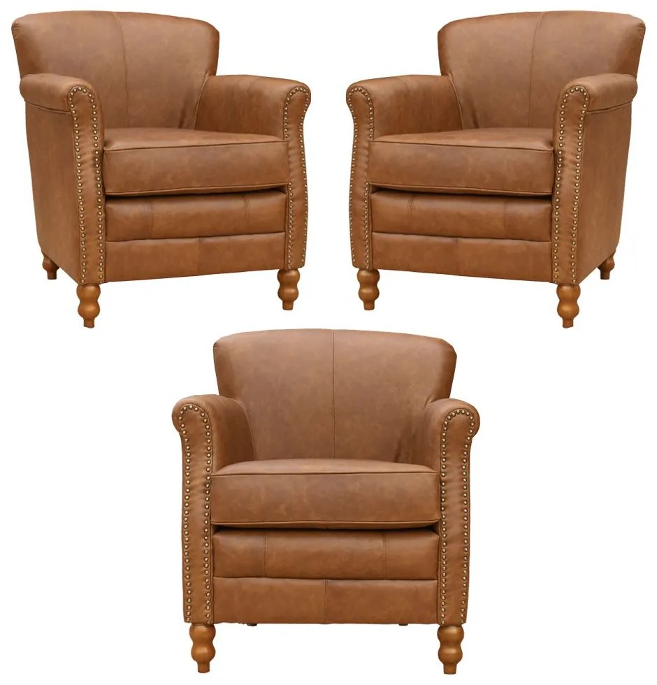 Kit 03 Poltronas Decorativas Sala de Estar Brunei Pés Madeira Couro Mel G58 - Gran Belo
