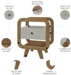 Mesa de Canto Lateral 55cm Para Quarto Nora Off/Pinho A09 - Mpozenat