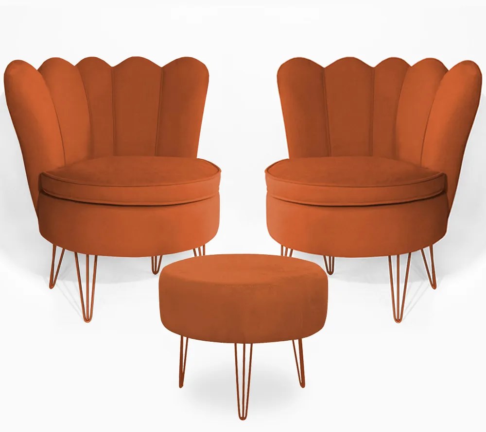 Conjunto 2 Poltrona Dália com Puff Chloe Pés Hairpin Legs Bronze Veludo Telha