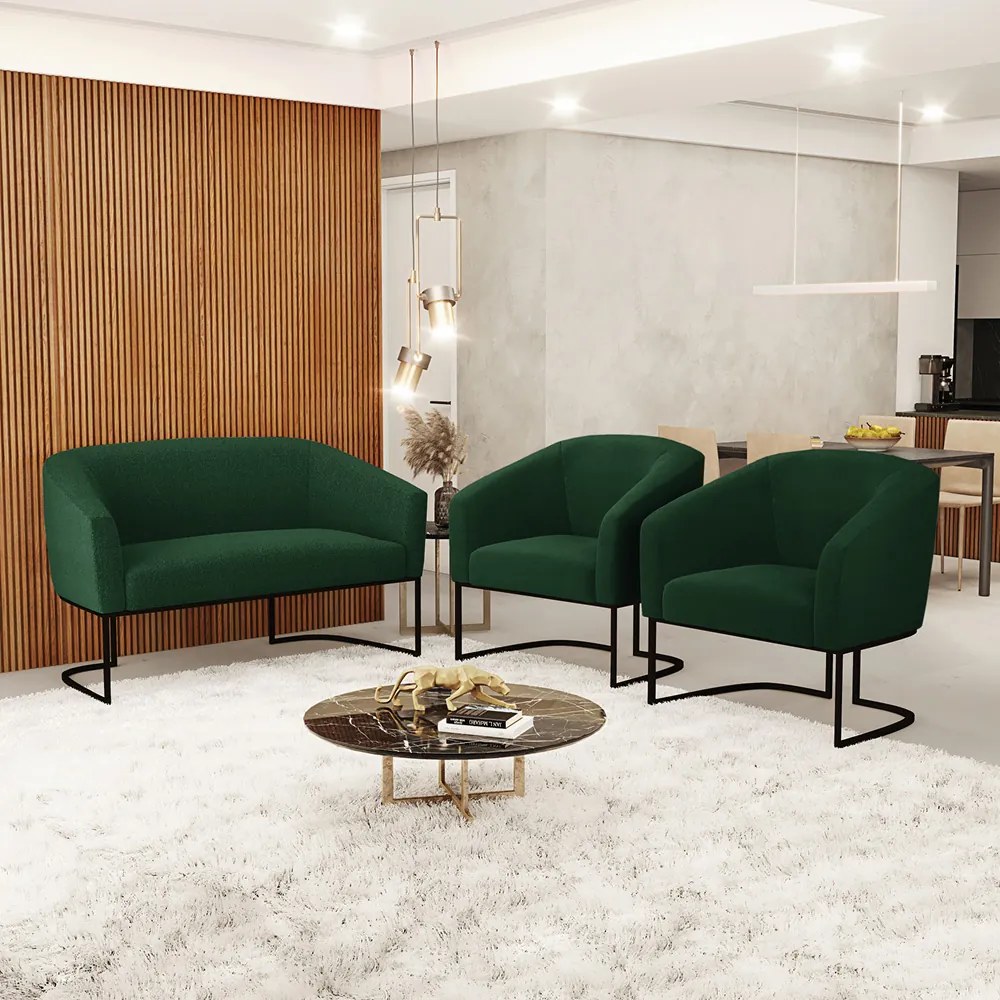 Namoradeira e 2 Poltronas Industrial Preto Stella Bouclê D03 - D'Rossi - Verde