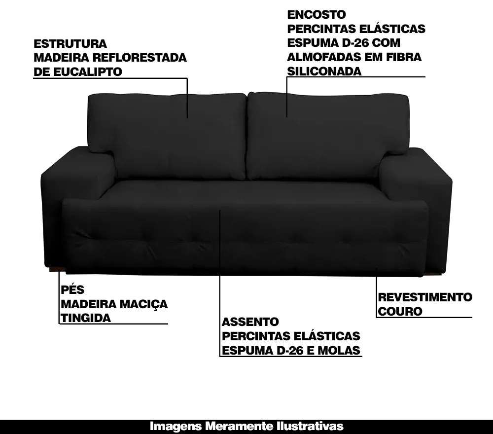 Sofá 2 Lugares Sala de Estar Roma 180 cm Couro Preto G58 - Gran Belo