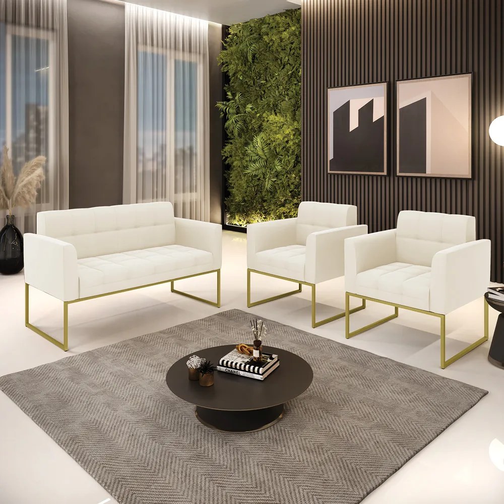 Kit 1 Sofá Namoradeira e 2 Poltronas Elisa Veludo Base Metálica Industrial Dourado - D'Rossi - Bege
