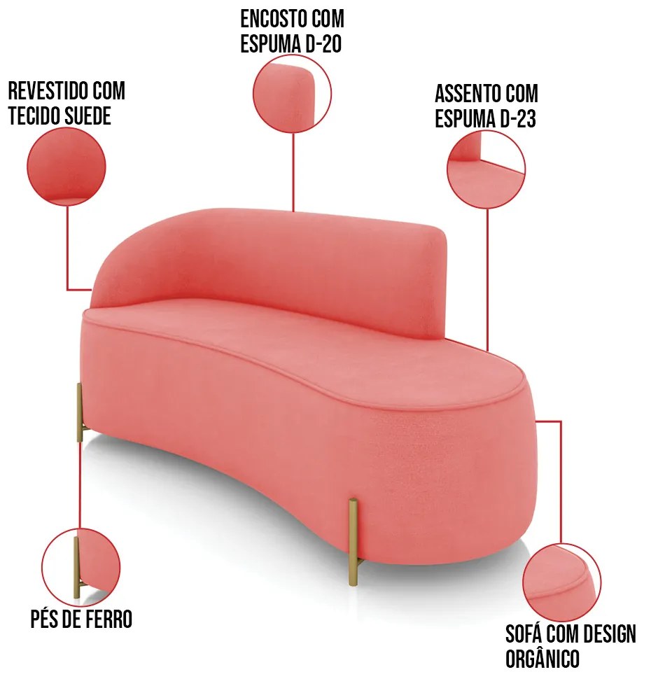 Sofá 3 Lugares Orgânico 180cm Pé Dourado Morgan Suede D03 - D'Rossi - Rose