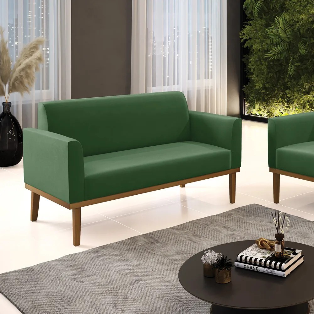 Sofá Namoradeira Base de Madeira Fixa Castanho Marisa Suede D03 - DRossi - Verde