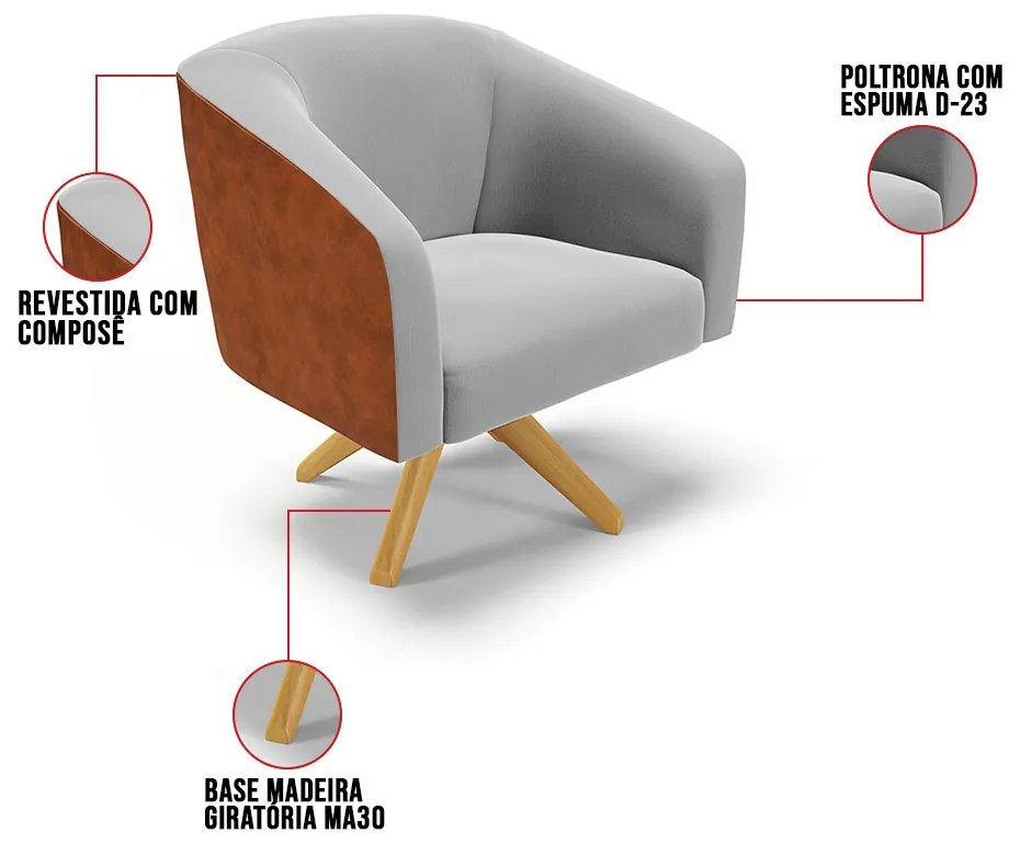 Poltrona Decorativa Giratória MA30 Stella Sintético PU Noz/Suede Cinza D03- D'Rossi