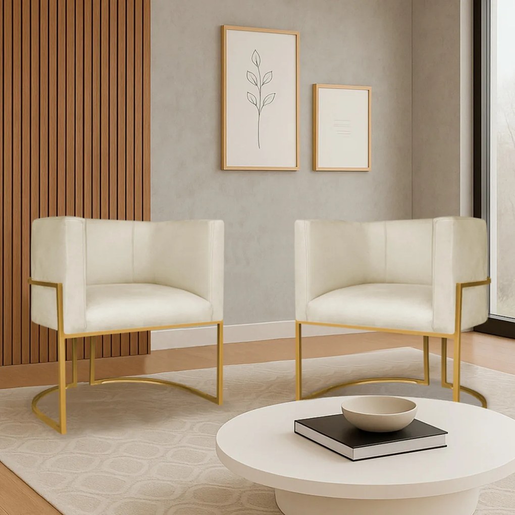 Kit 2 Poltronas Dália Luxo Moderna Estofada Design Sofisticado com Base de Ferro Dourado Bouclé