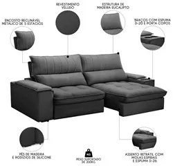 Sofá Retrátil 3 Lugares com Porta Copo 250cm Andes F05 Veludo Grafite