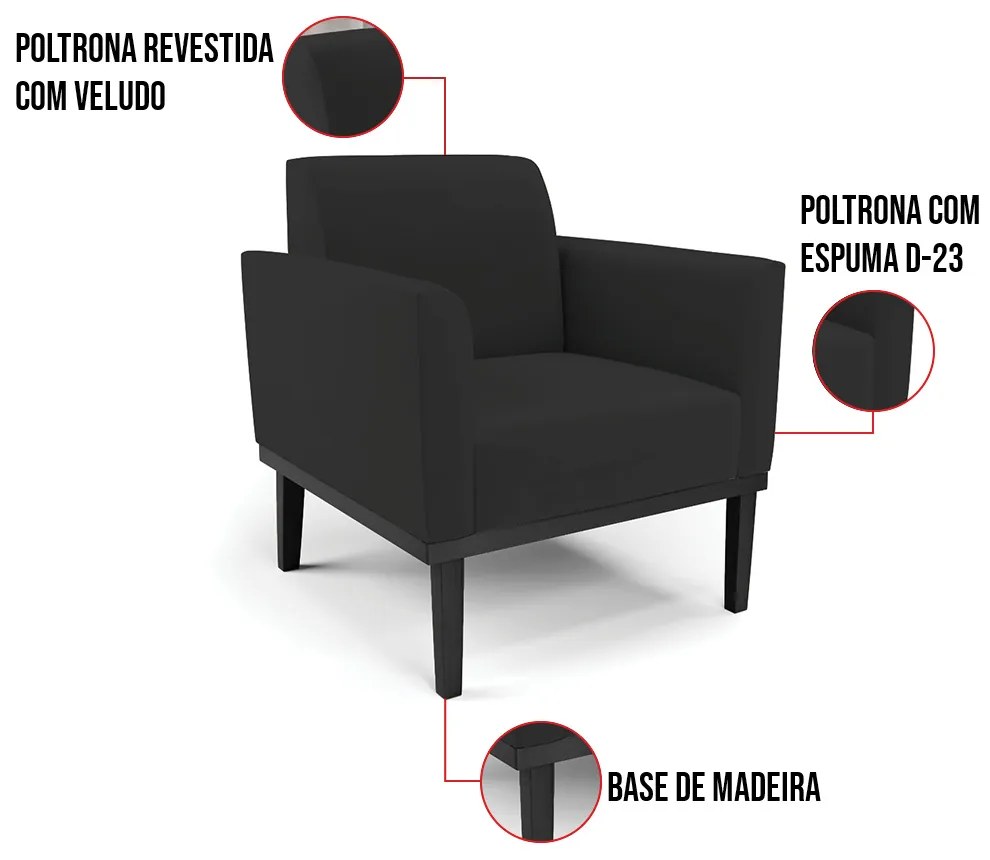 Poltrona Base de Madeira Fixa Preto Marisa Veludo D03 - D'Rossi - Preto
