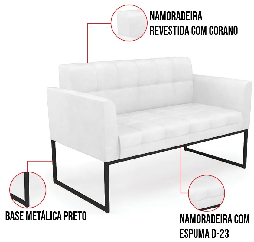 Kit 1 Sofá Namoradeira e 2 Poltronas Elisa Corano Base Metálica Industrial Preto D01 - D'Rossi - Branco