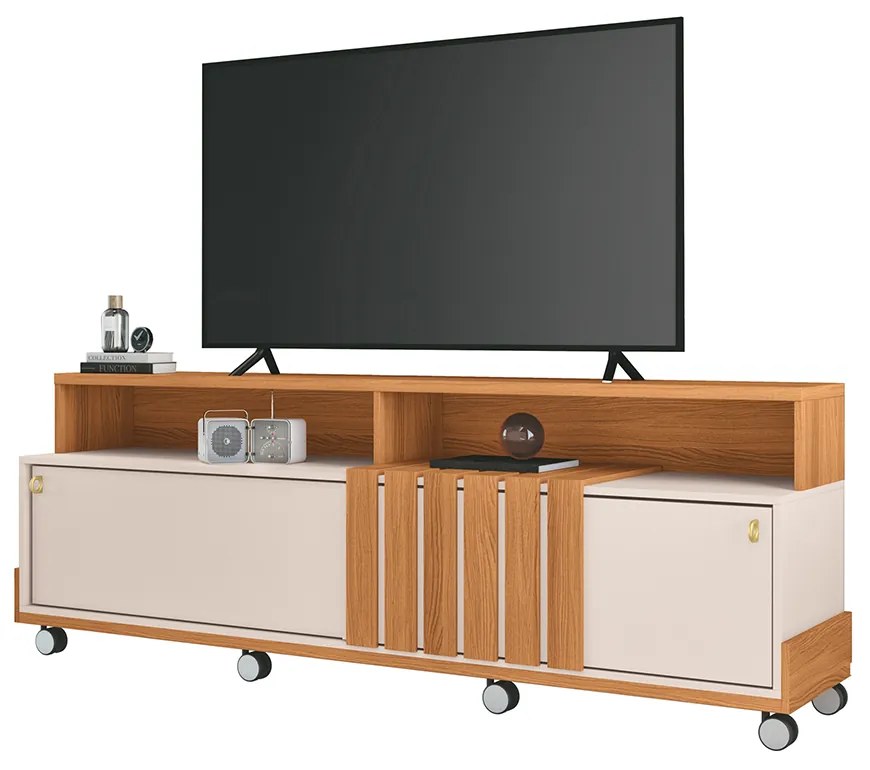 Bancada Decorativa Glamour TV até 70 Pol Ripada MDP/MDF Pés Rodízio Cinamomo/Off White G26 - Gran Belo