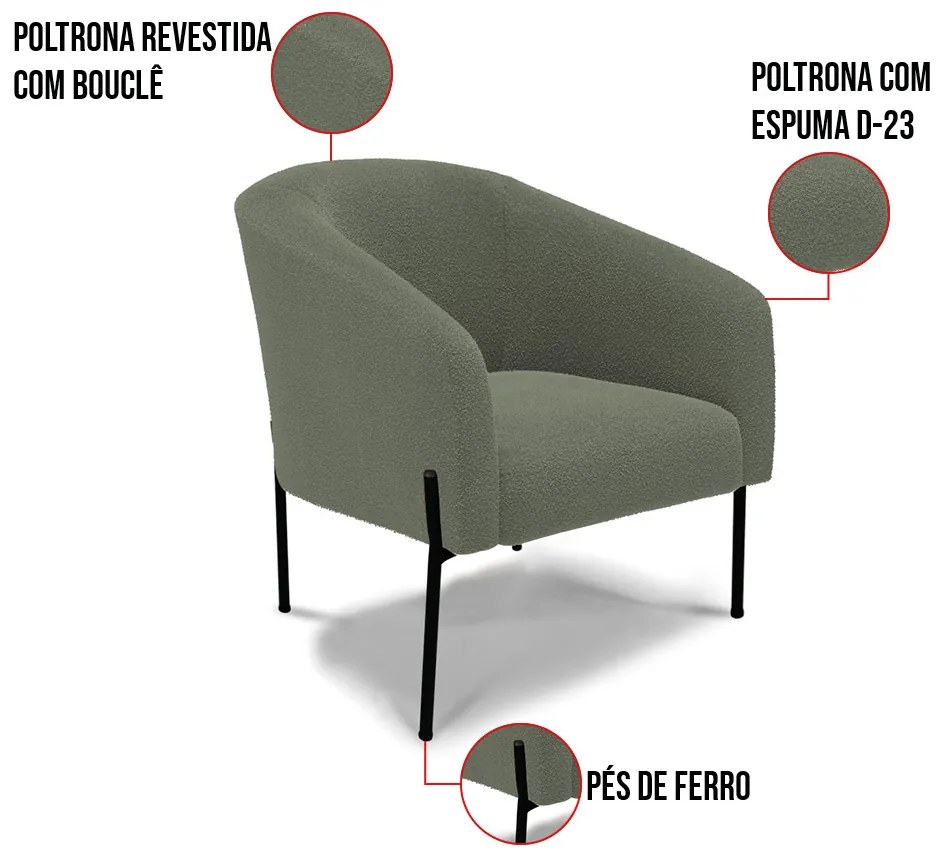 Poltrona Sala Decorativa Pé de Ferro Preto Stella Bouclê D03 - D'Rossi - Verde Pistache