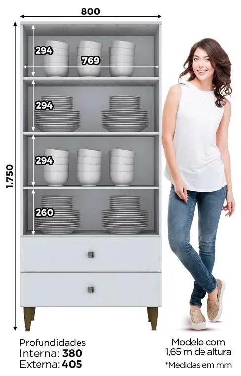 Cristaleira 2 Portas de Vidro 2 Gavetas Off White Nature Liz