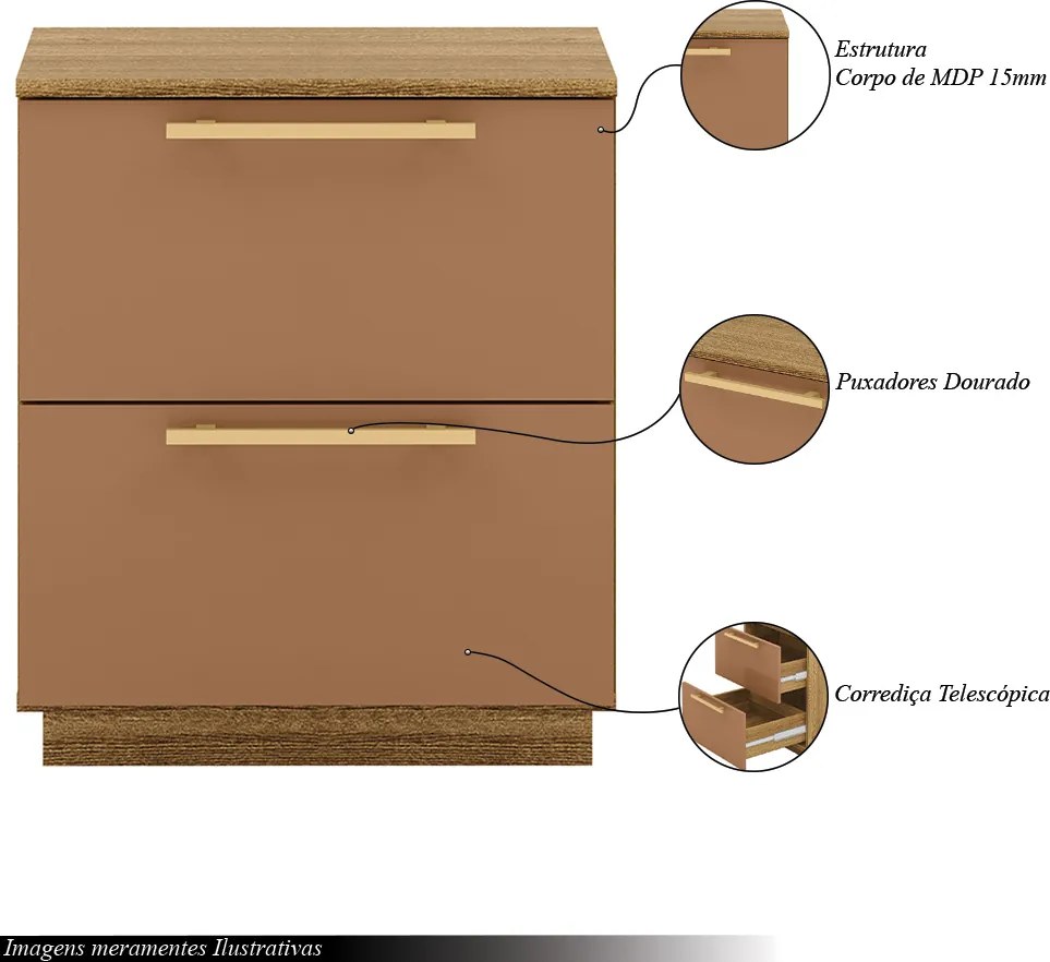 Mesa de Cabeceira Cindy 2 Gavetas com Corrediças Telescópicas Nature/Terracota G98 - Gran Belo