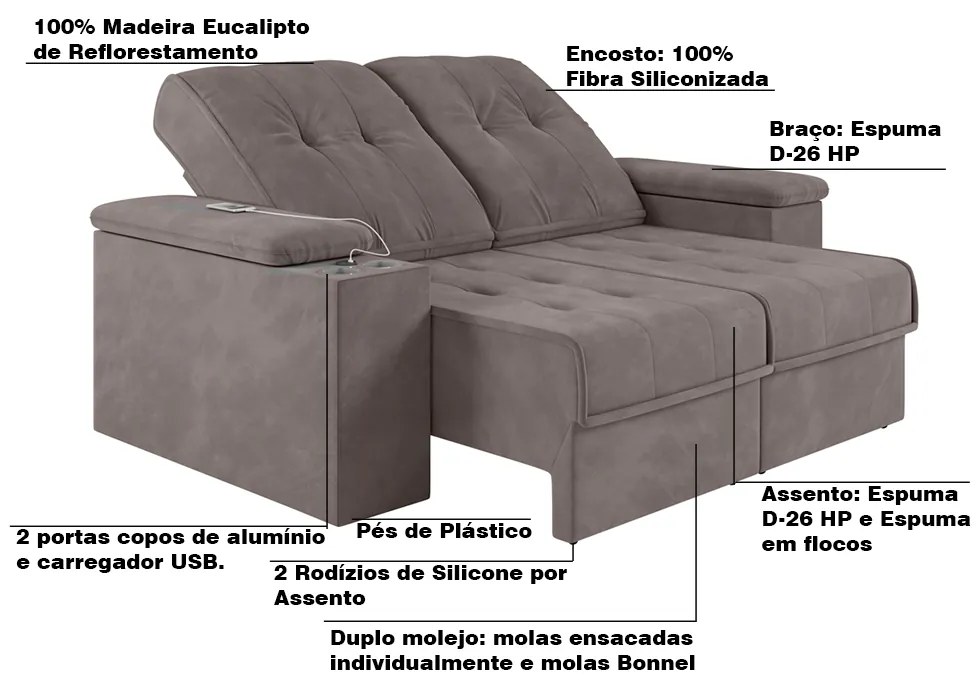 Sofá 4 Lugares Retrátil e Reclinável com USB Sala de Estar Calvin 257cm Veludo Avelã G46 - Gran Belo
