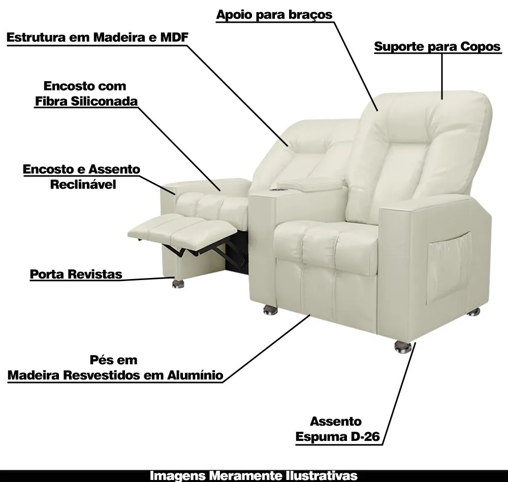 Poltrona Reclinável 2 Lugares para Sala de Cinema Pequim PU Bege G23 - Gran Belo
