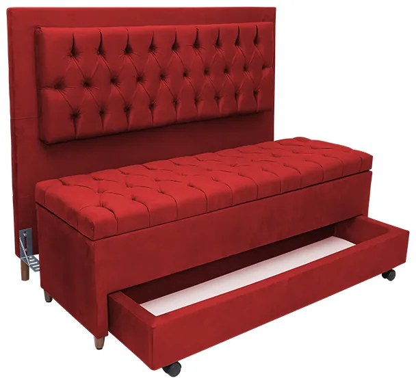 Cabeceira com Calçadeira Baú Solteiro 90cm Paris Capitonê Suede Vermelho - Sheep Estofados - Vermelho