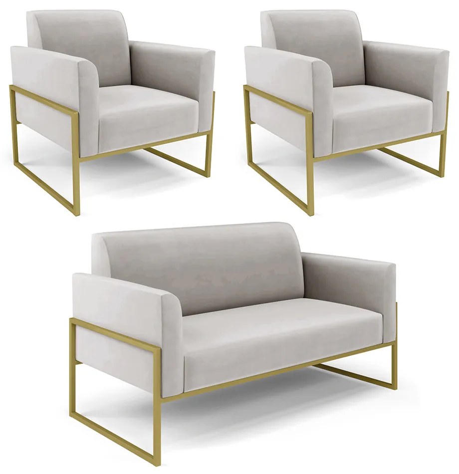 Sofá Namoradeira com 2 Poltronas Base Industrial Alta Dourado Marisa Veludo D03 - DRossi - Cinza