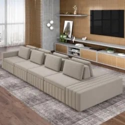 Sofá Ilha e Puff Sala Living 505cm Siesta Z32 Veludo Bege  - Mpozenato
