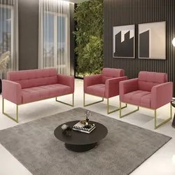 Sofá Namoradeira e 2 Poltronas Base Industrial Dourado Ana Suede Rosê