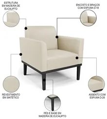 Sofá Namoradeira e 1 Poltrona Base Madeira Preto Maressa Sintético Beg